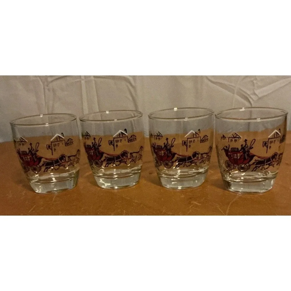 Vintage‎ 1950s Libbey Stagecoach & Horses Low Ball Glasses, Set Of 4, Gold Rim